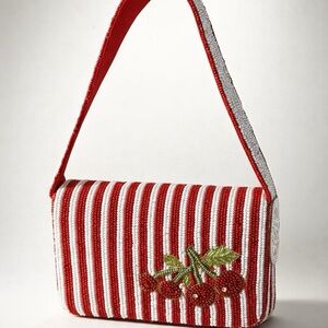 Viral Hand Beaded Red & White Striped Cherry Shoulder Bag 8.5x6.0